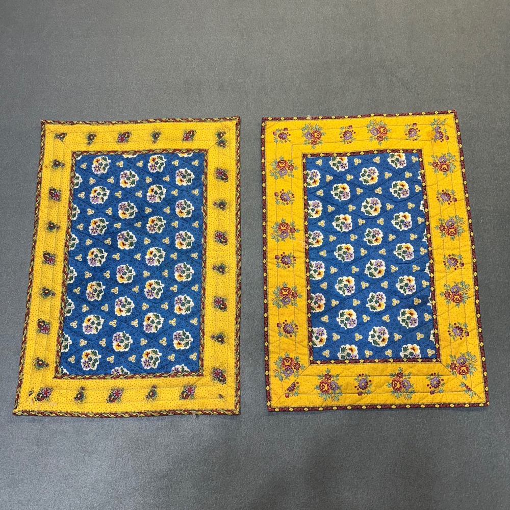 Handmade Quilted Placemats Set of 2 Blue Yellow Floral Farmhouse 17x12